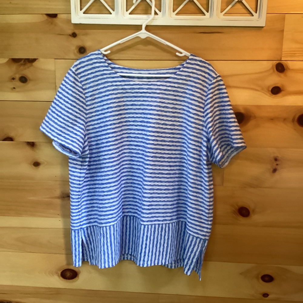 Alfred Dunner Womens XL Blue White Striped Textured Short Sleeve Blouse Top